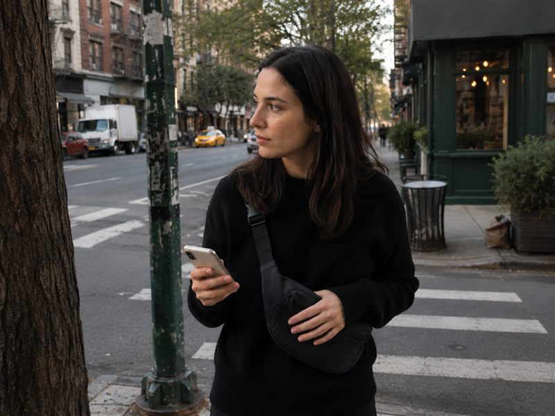 A woman moving through the city with purpose